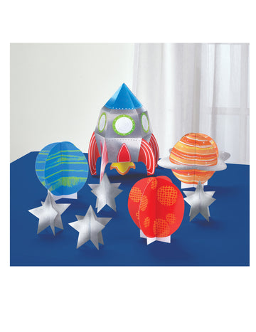 Décorations de table voyage dans l'espace pour fête avec fusée et planètes multicolores