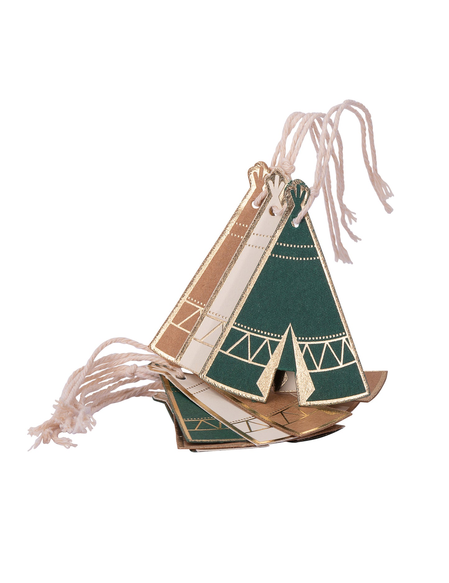 8 etiquettes en carton tipi indian forest kraft vert ivoire dorure avec ficelle