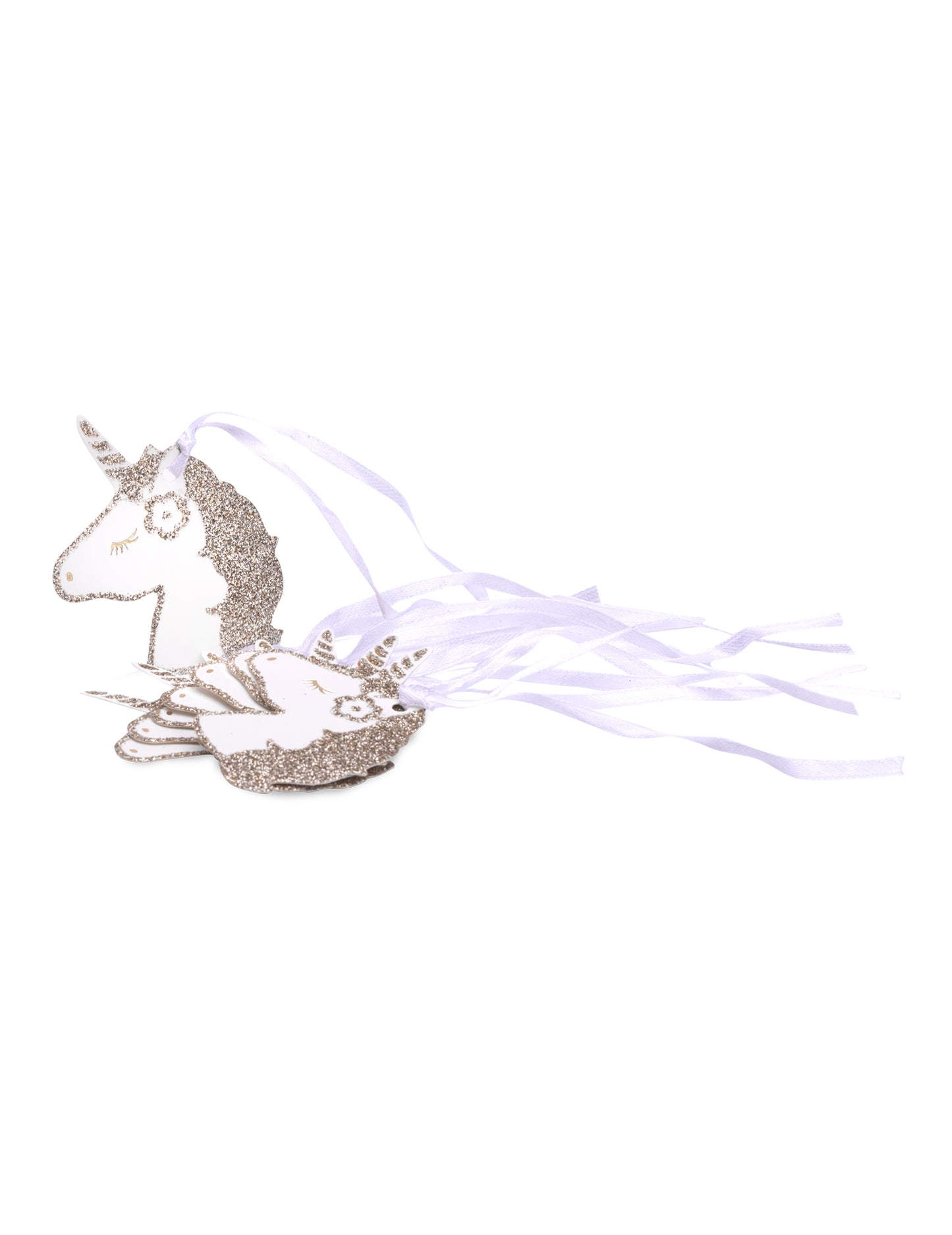 8 bleščečih etiket za šampanjec v obliki samoroga z belimi satenastimi vezmi, 6,5 x 4 cm karton