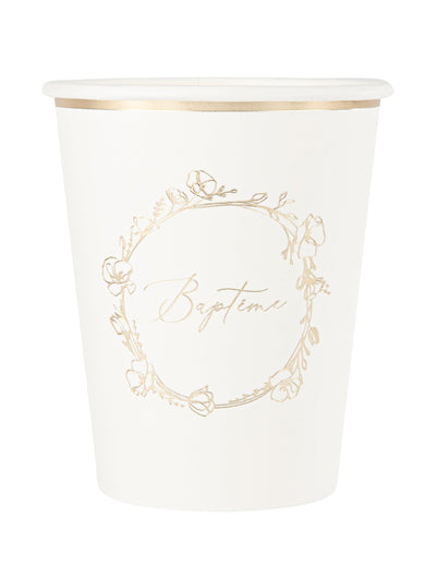 Gobelets en carton baptême blanc et fleurs dorées