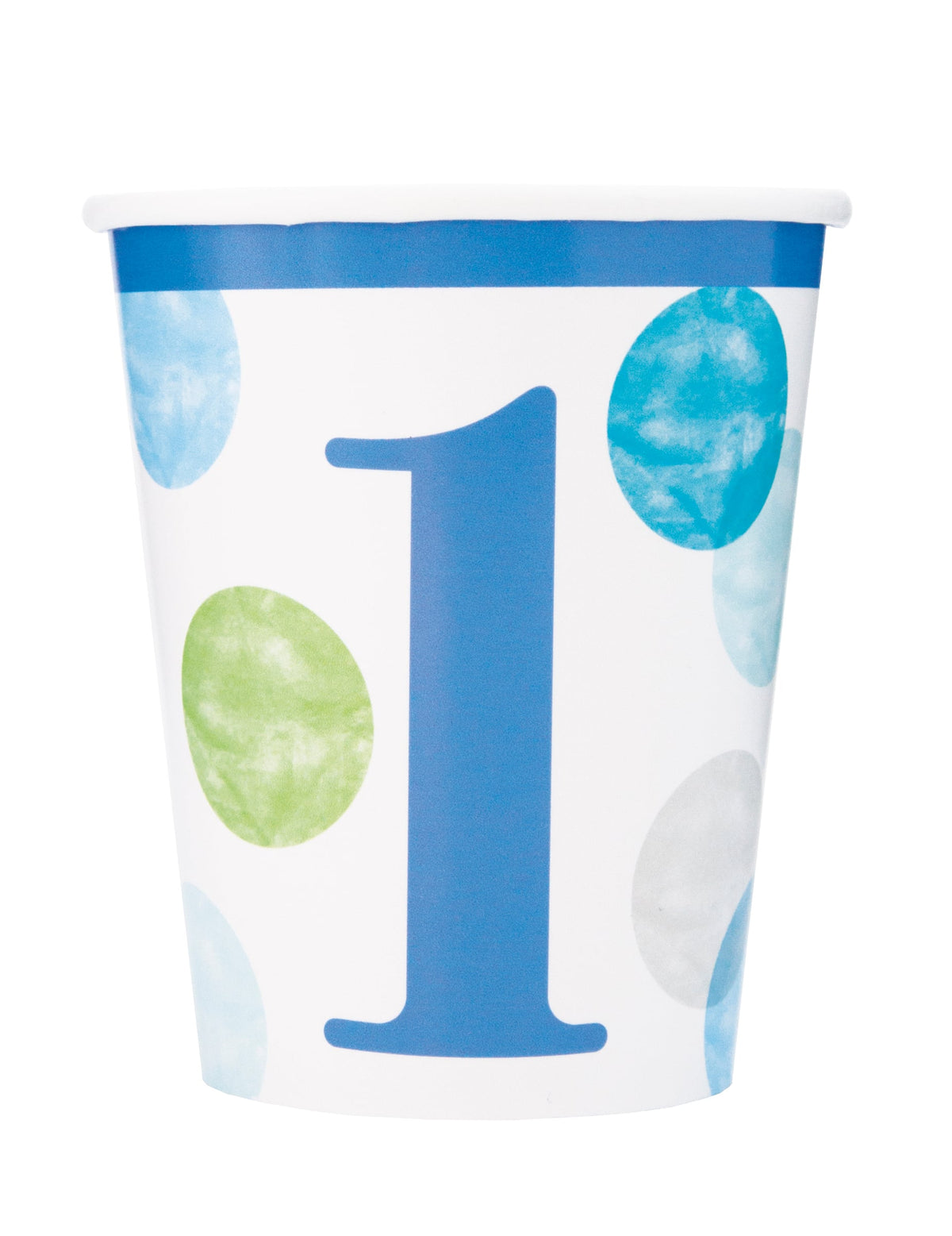 Gobelets en carton 1er anniversaire pour enfant bleus et blancs à pois pastel