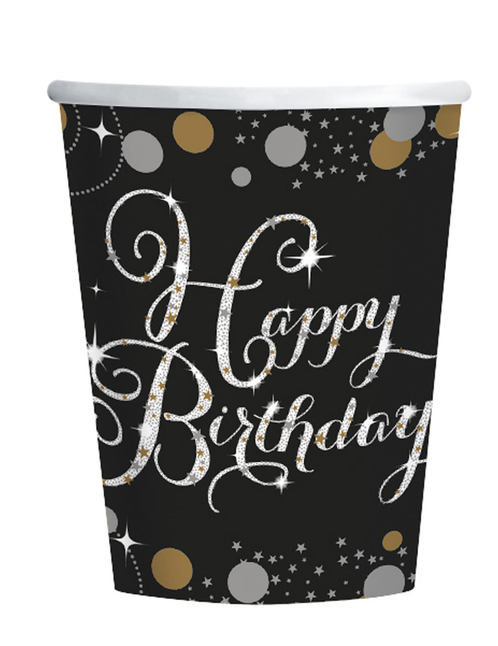 Gobelets en carton célébration étincelante happy birthday noir argent et or