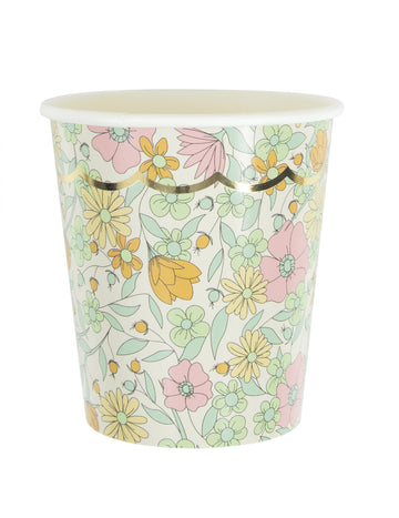 8 shabby chic zlatih nazobčanih kartonskih kozarčkov, 200 ml, potisk Liberty.