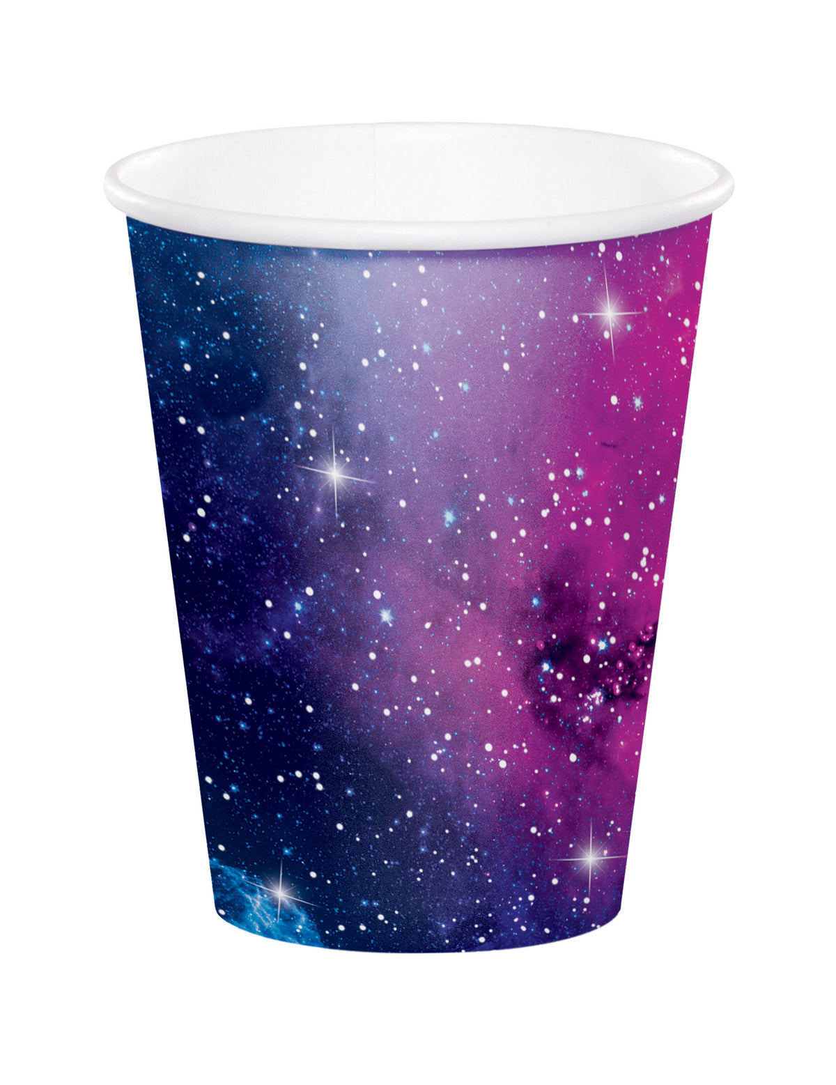 Gobelets en carton galaxy pour fête bleus et violets avec étoiles blanches
