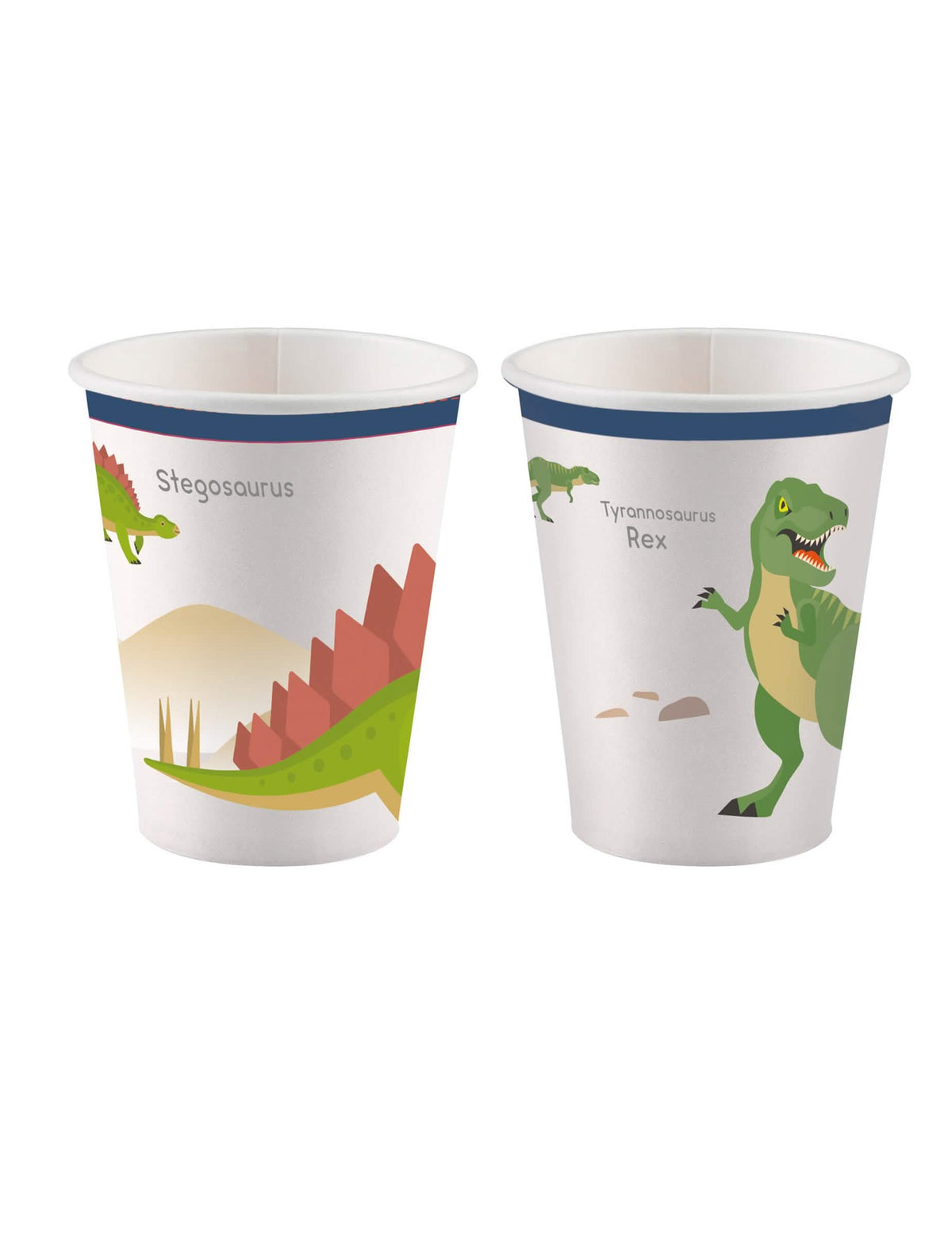 Veliki kartonski lončki z dinozavri za rojstni dan otroka, beli s T-Rexom in stegozavrom