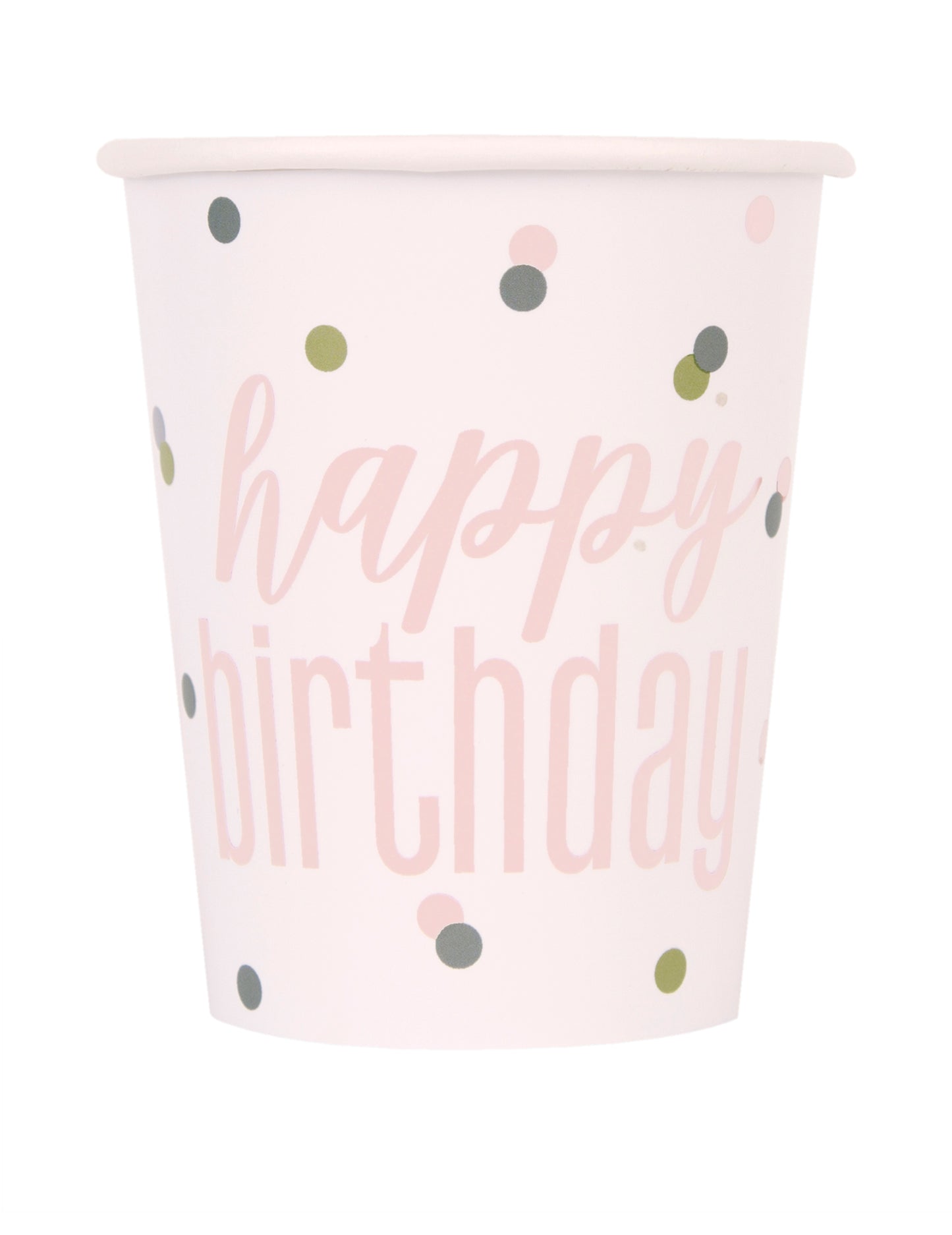 8 gobelets en carton happy birthday blancs et roses 266 ml à pois