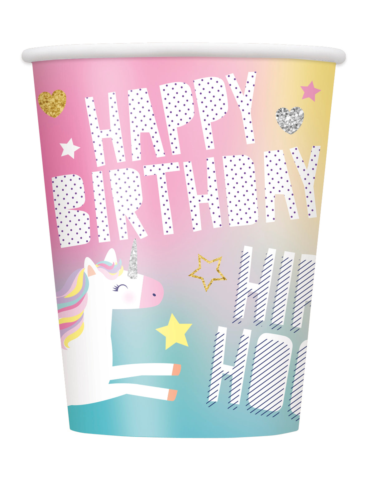 Gobelets en carton Happy Birthday licorne pour fête multicolore aux tons pastel