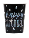Gobelets en carton Happy Birthday pour fête noirs et gris avec confettis brillants
