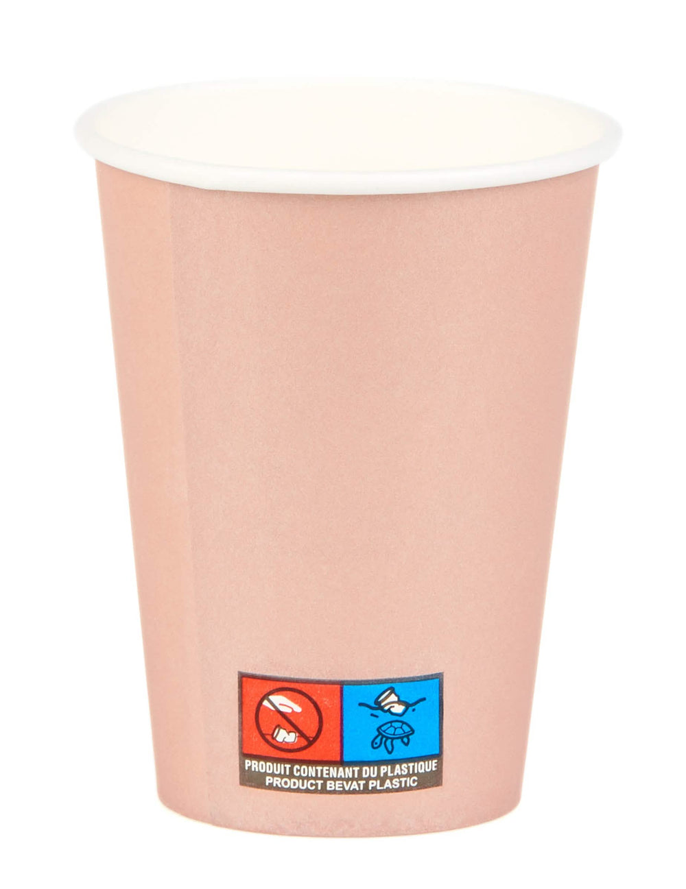 Podrobnost logotipa izdelka, ki vsebuje plastiko, iz kartonskih lončkov rožnato zlato