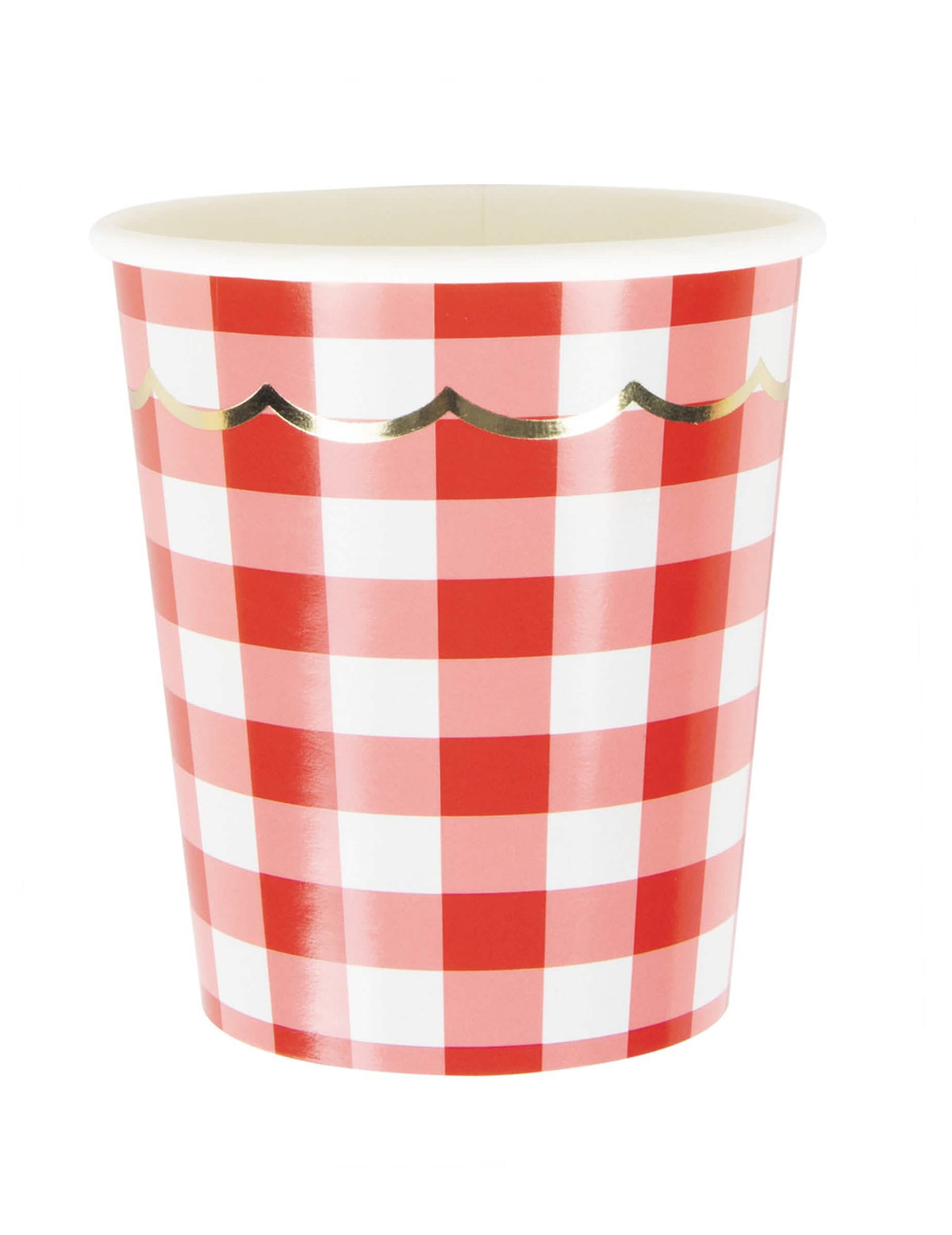 Gobelets en carton festonnés vichy pour fête rouge et blanc