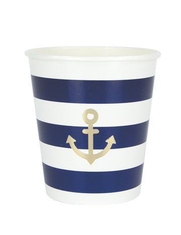 8 kartonskih kozarčkov z nazobčanim vzorcem, 200 ml, z navtičnim črtastim vzorcem in zlatim sidrom