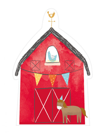 Invitations et enveloppes anniversaire à la ferme pour enfant rouges avec décor de grange et poney