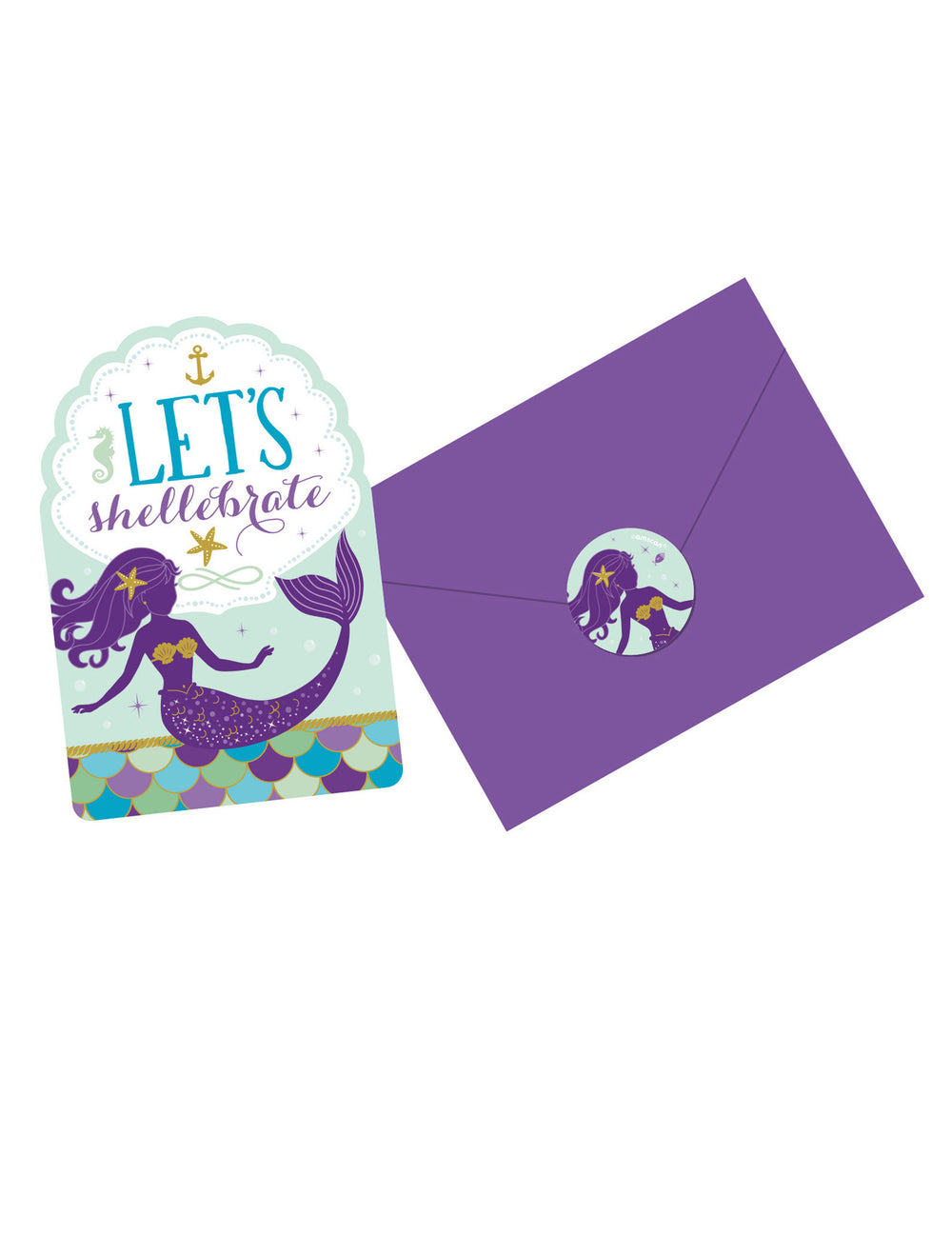 Invitations, enveloppes et stickers rêves de sirène pour anniversaire violet et bleu
