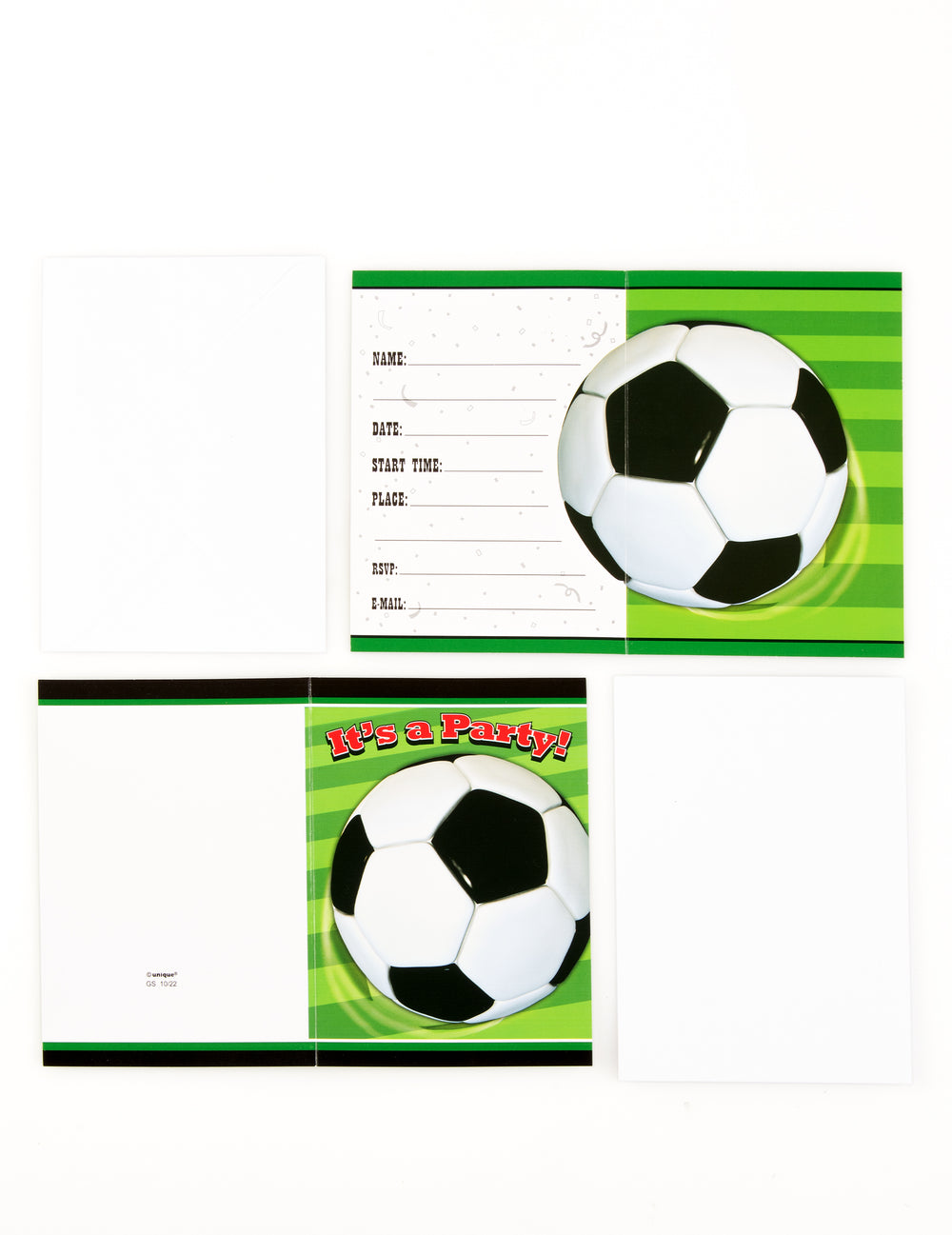 Vue de l'intérieur et de l'enveloppe des invitations foot pour enfant en carton avec ballon effet 3D