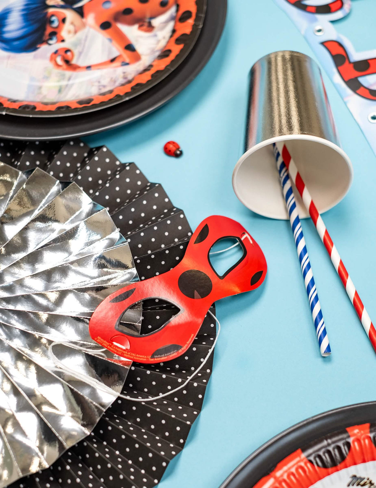 Postavitev z dodatki za zabavo 8 kartonskih mask Ladybug