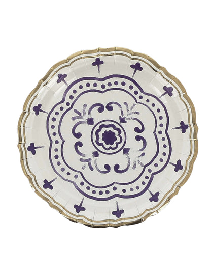 8 majhnih kartonskih krožnikov v kraljevsko modri, beli in zlati barvi, 18 cm, mediteranski vzorec