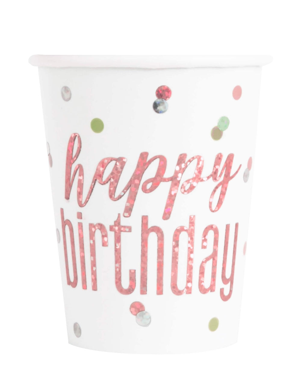 Kartonasti lončki Happy Birthday za rojstni dan, beli in rožnati, bleščeči s pikami