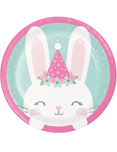 Petites assiettes en carton petit lapin pour anniversaire menthe et rose