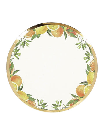 8 majhnih kartonskih krožnikov Fizz z motivi citrusov, kremne, oranžne, rumene in zlate barve, 18 cm, s sadnim okraskom