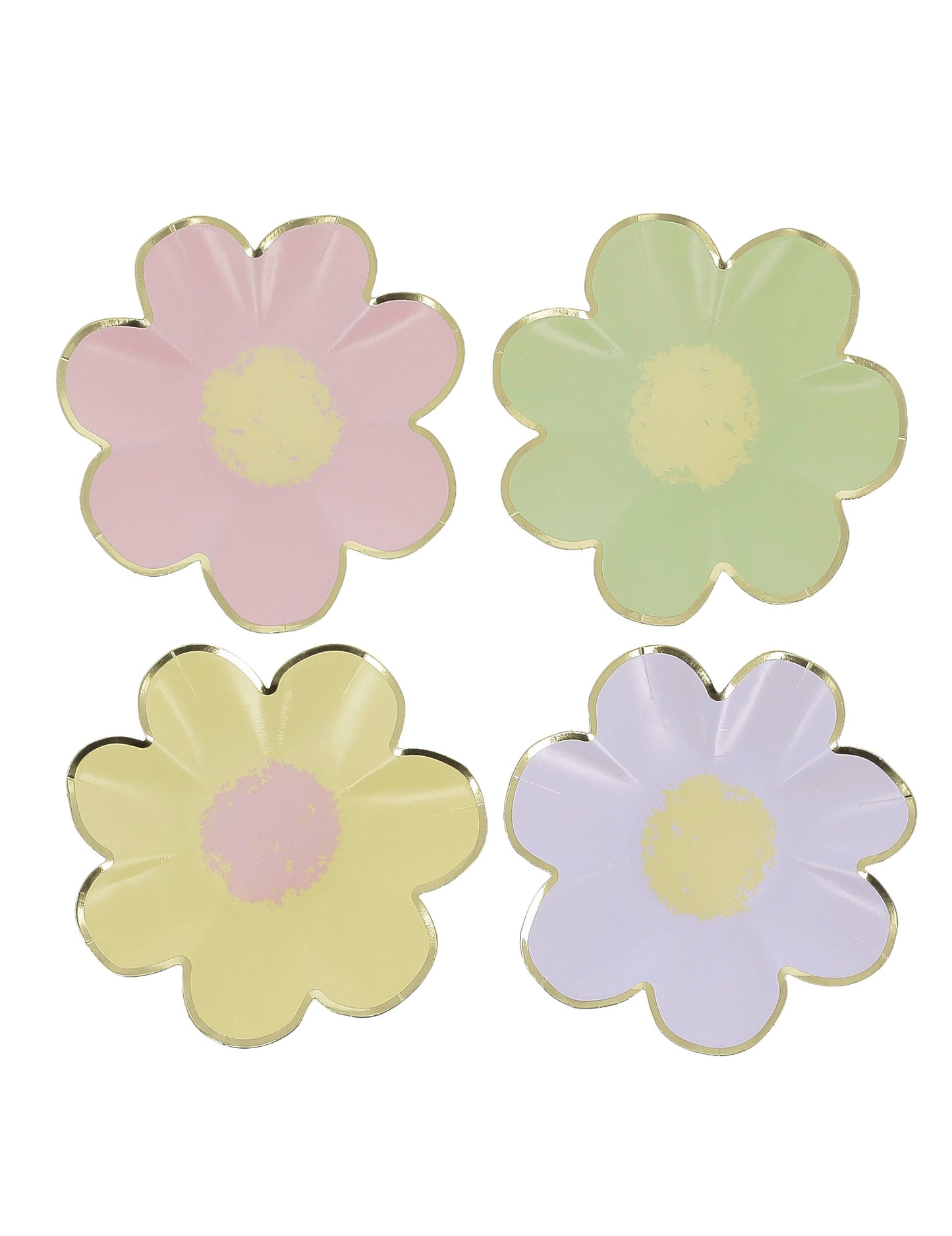 8 petites assiettes fleurs papier lilas, rose, jaune, vert et or 18cm en carton