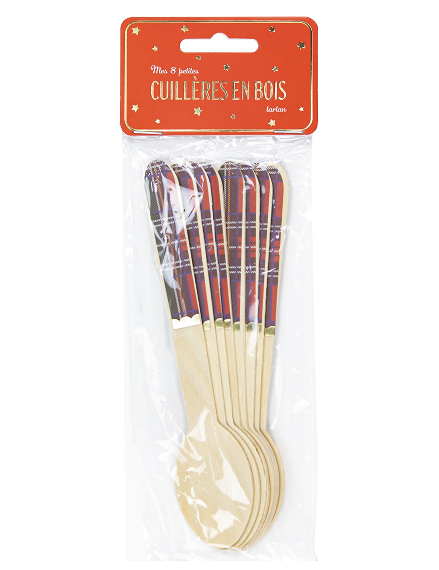 8 majhnih lesenih žlic za božični tartan 16 cm z zlato pletenico