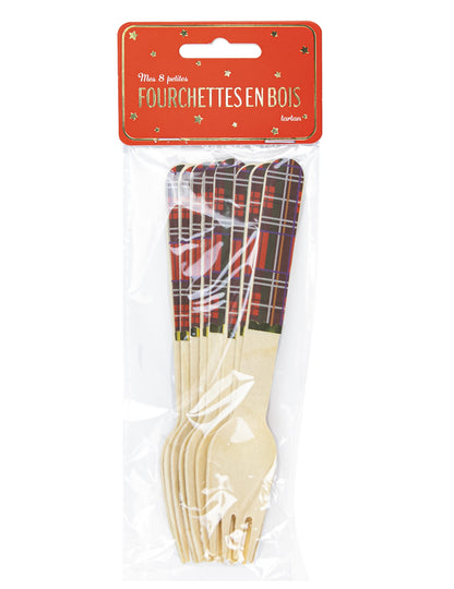 8 lesenih vilic z božičnim tartanom 16 cm za enkratno uporabo