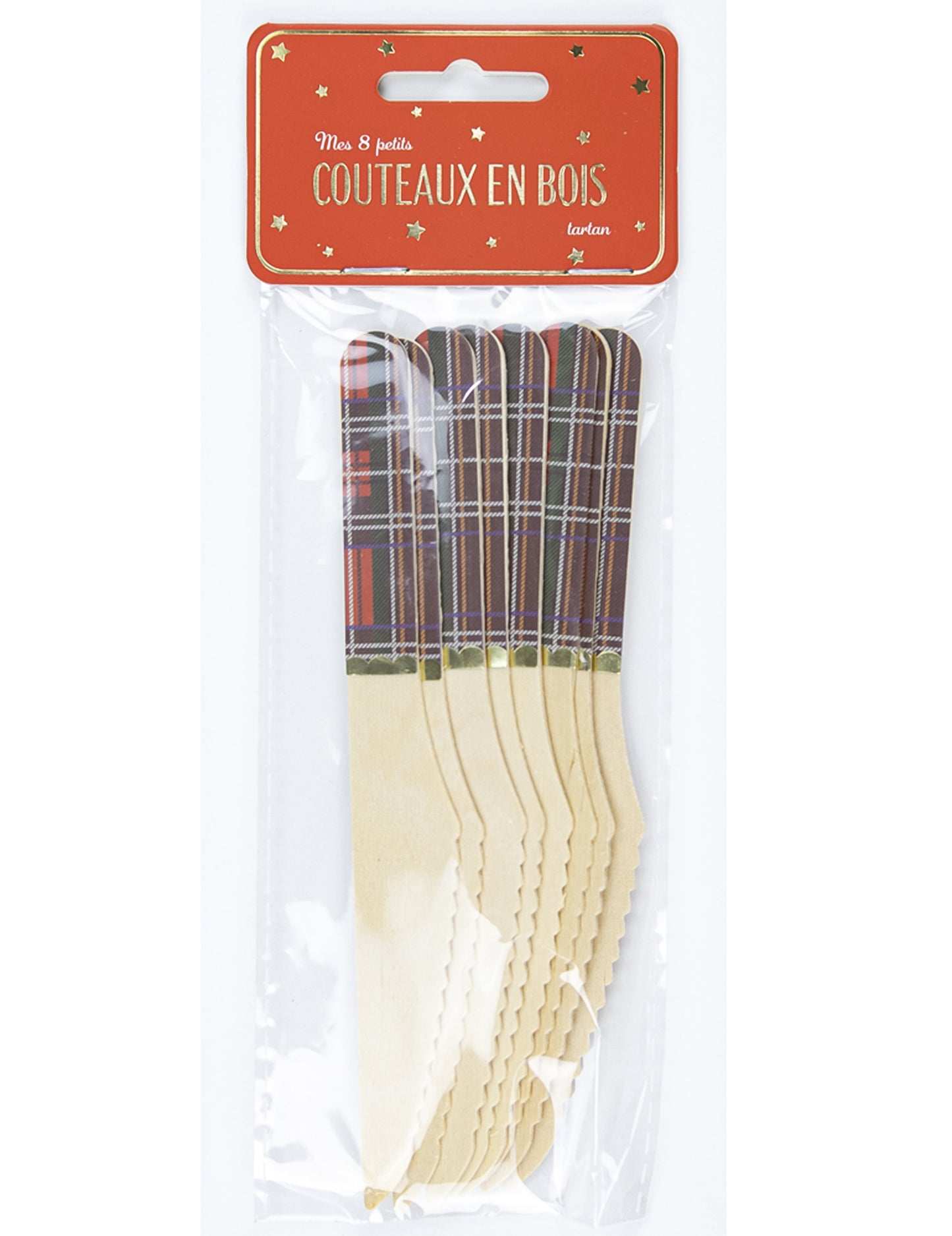 8 lesenih nožev s tartanom za božič 16 cm z zlato pletenico