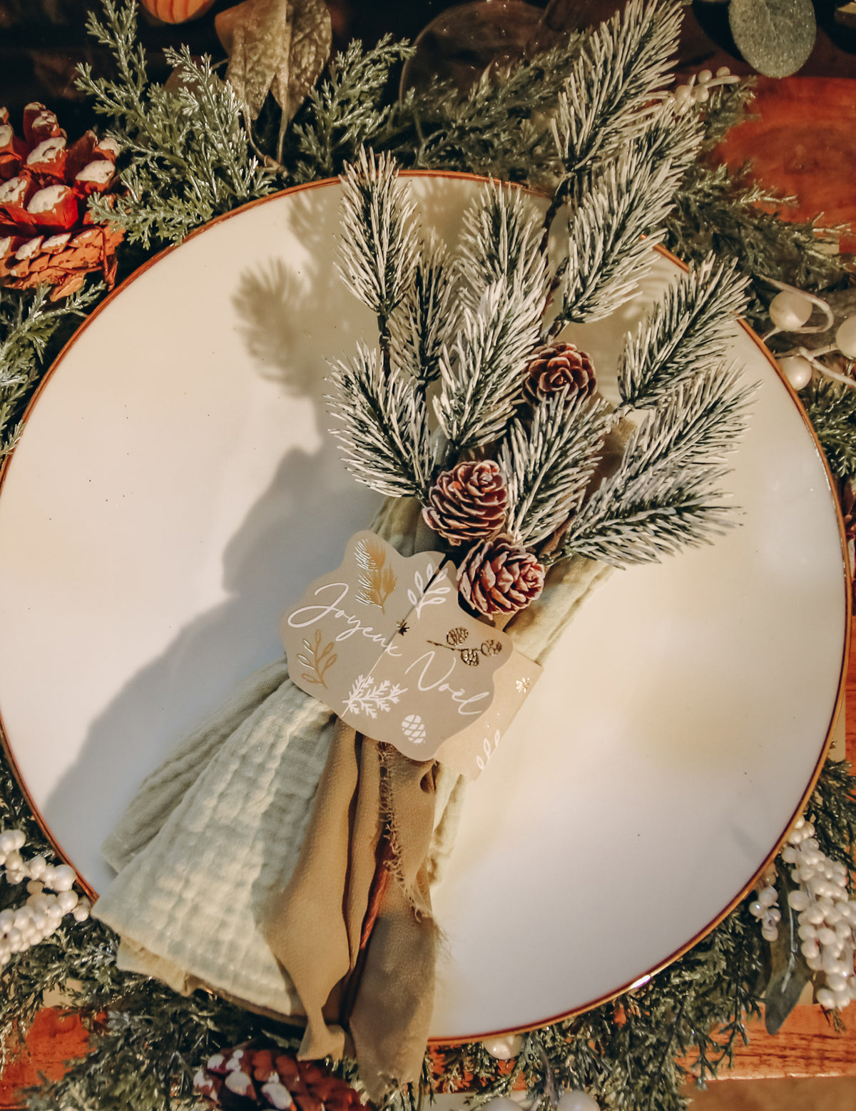 Mise en situation sur une assiette du ronds de serviette Noël botanique