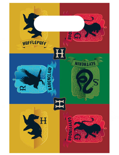 Sachets en plastique Poudlard Harry Potter pour fête multicolores avec blasons des quatre maisons