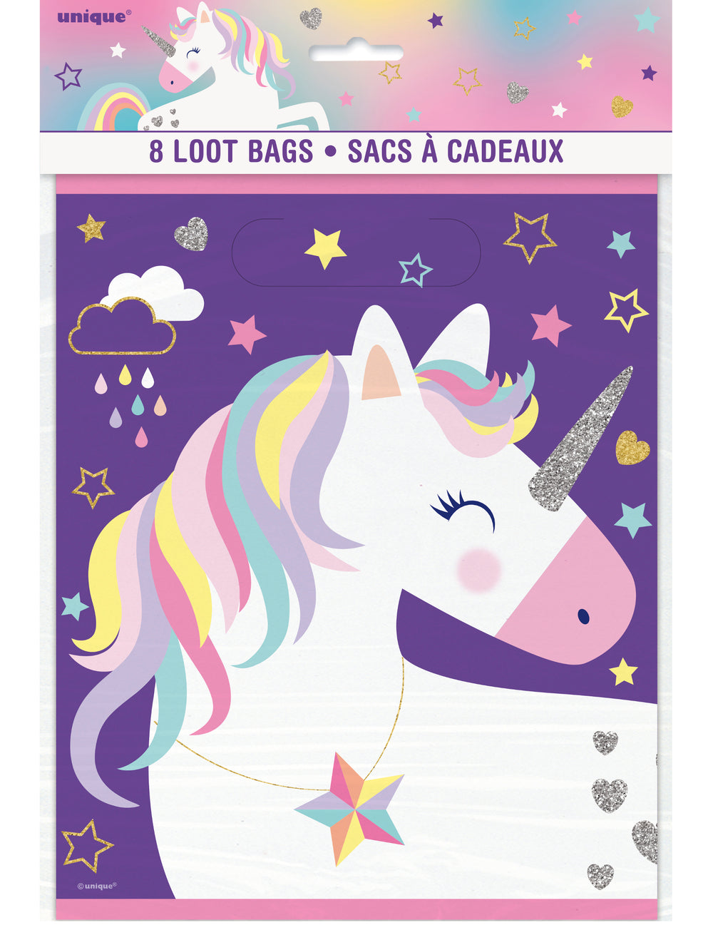 Sacs à cadeaux licorne pour enfant violets avec motifs étoiles et crinière arc-en-ciel