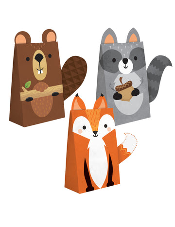 Sacs cadeaux en papier animaux de la forêt renard castor et raton laveur multicolores