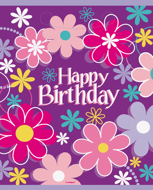 Sacs de fête Happy Birthday fleurs pour cadeaux violet avec motifs floraux multicolores