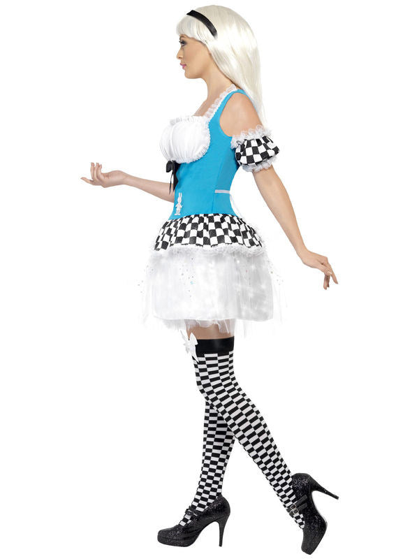Kostum Alice iz pravljice za ženske, svetleče svetlo modro-belo-črn 