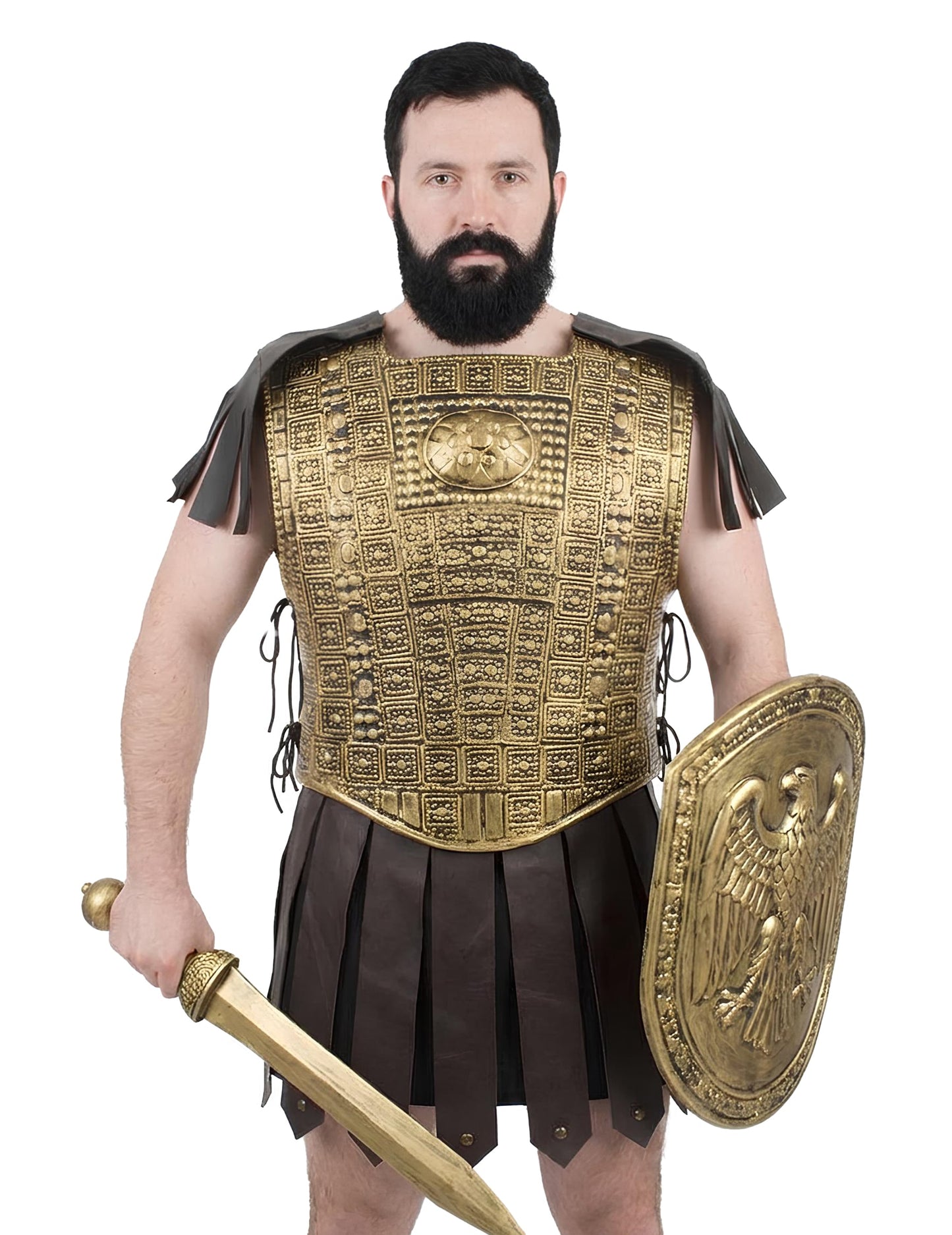 Armure de gladiateur pour adulte dorée avec épée et bouclier