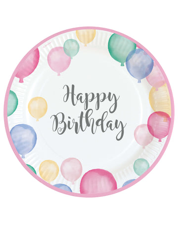 8 kartonastih krožnikov happy birthday pastelni baloni 23 cm rožnat rob 