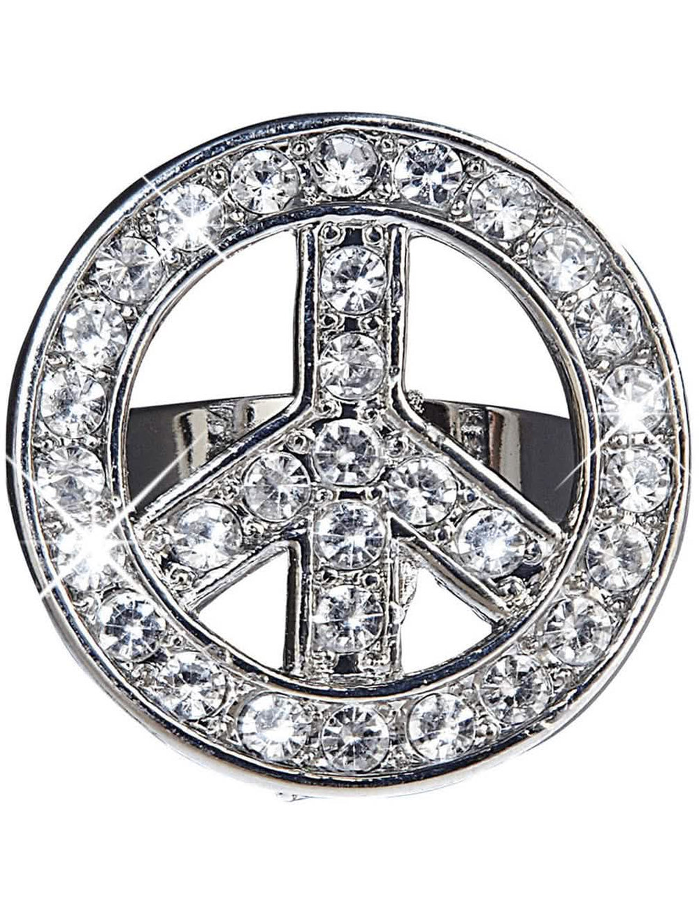 Hippi prstan za odrasli v srebrni barvi s kamenčki v obliki peace and love