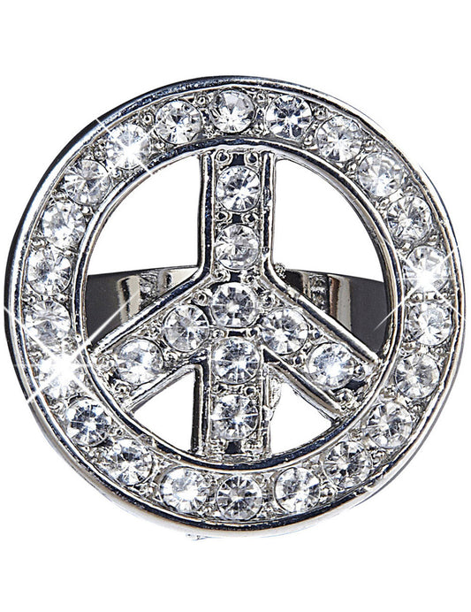 Bague hippie pour adulte argentée avec strass en forme de peace and love