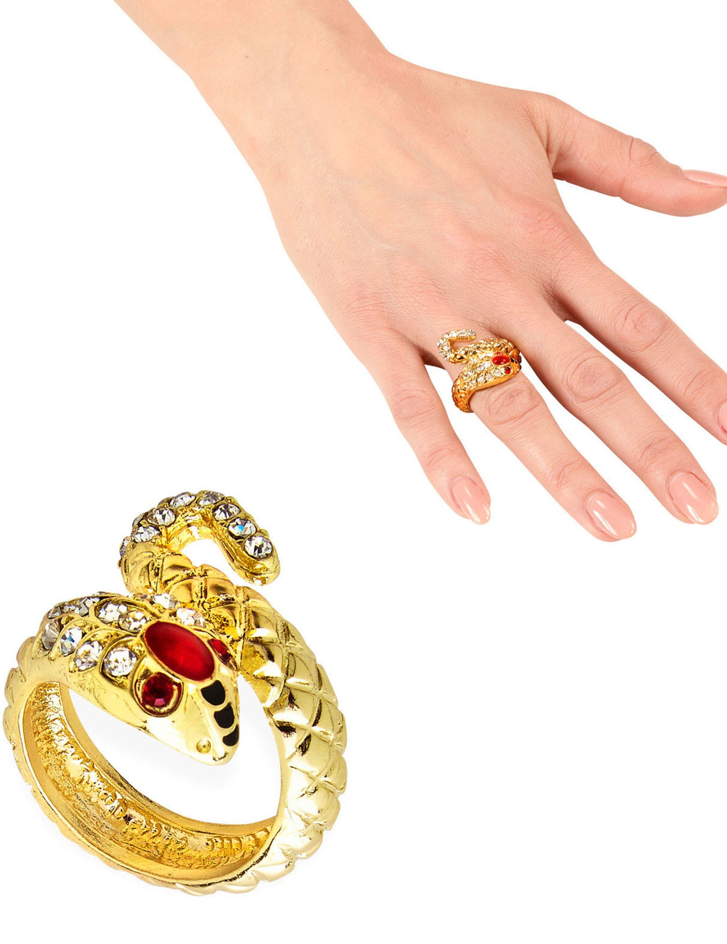 Bague serpent pour femme dorée avec strass rouges et blancs