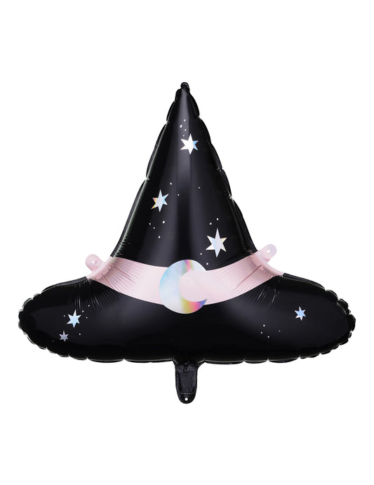 Ballon aluminium chapeau de sorcière pour fête noir avec ruban rose et étoiles holographiques