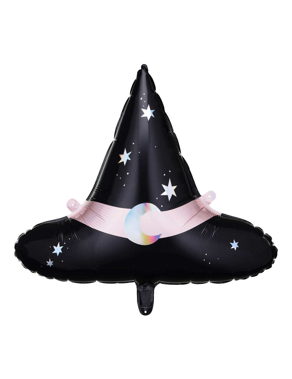 Ballon aluminium chapeau de sorcière pour fête noir avec ruban rose et étoiles holographiques