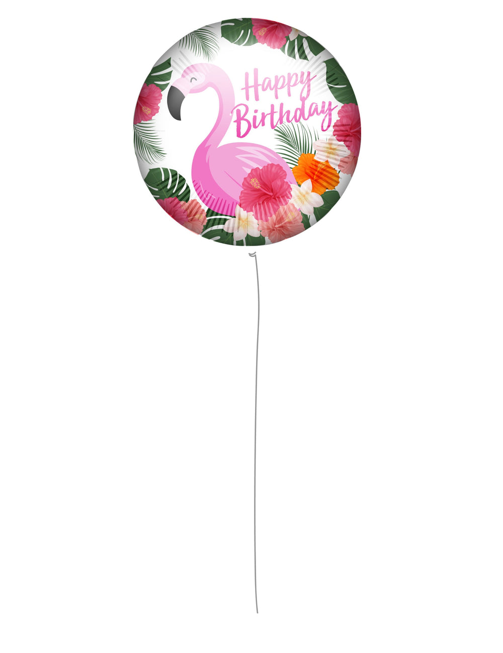 Ballon en aluminium Happy Birthday Flamant rose pour anniversaire blanc et rose à motifs tropicaux