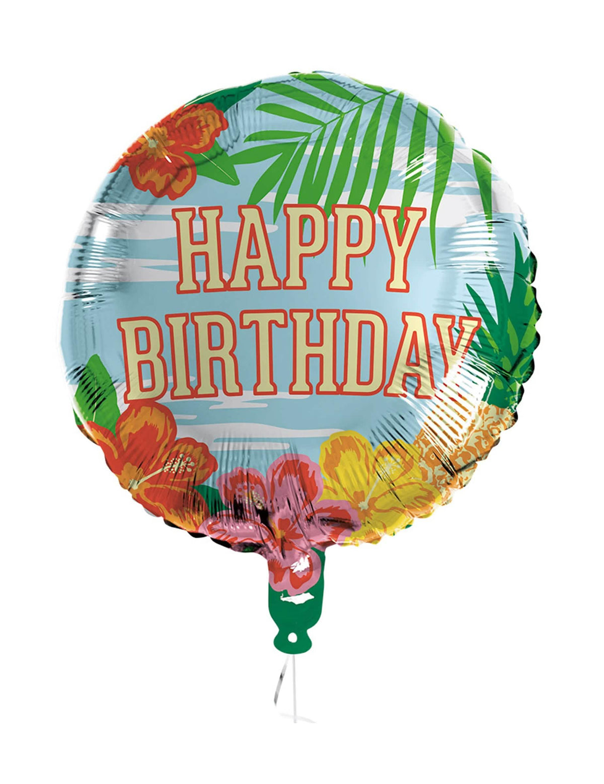 Aluminijast balon Happy Birthday Paradise za rojstni dan modra s cvetovi hibiskusa in palmami