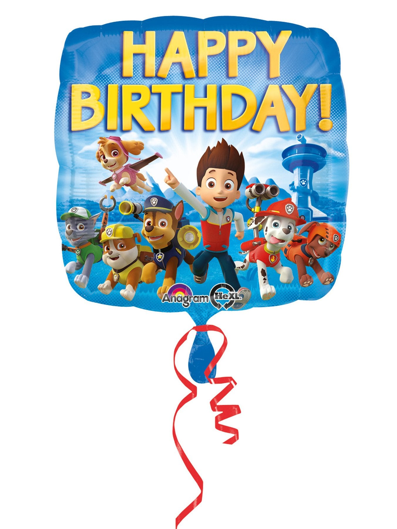 Ballon aluminium Happy Birthday Pat'Patrouille pour enfant bleu avec Ryder et les chiots