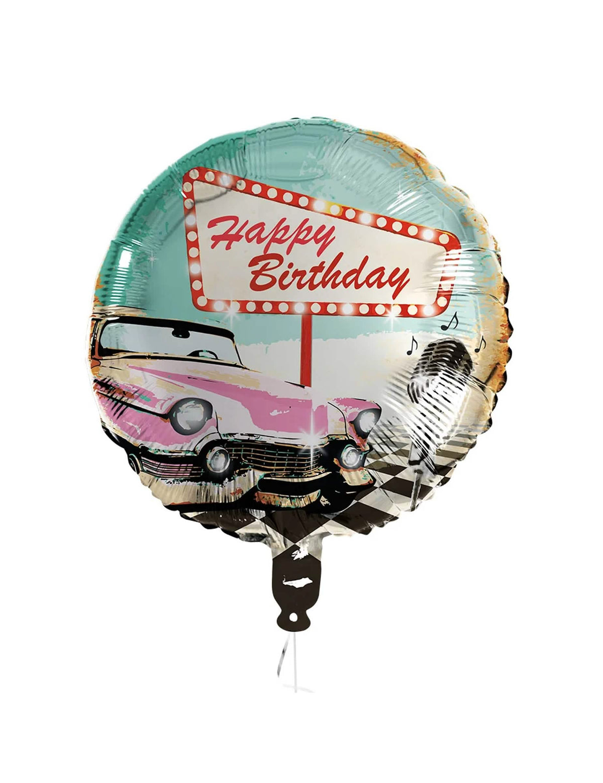 Aluminijast balon Happy Birthday Rock'n'roll za rojstni dan modra z vintage avtomobilom in mikrofonom