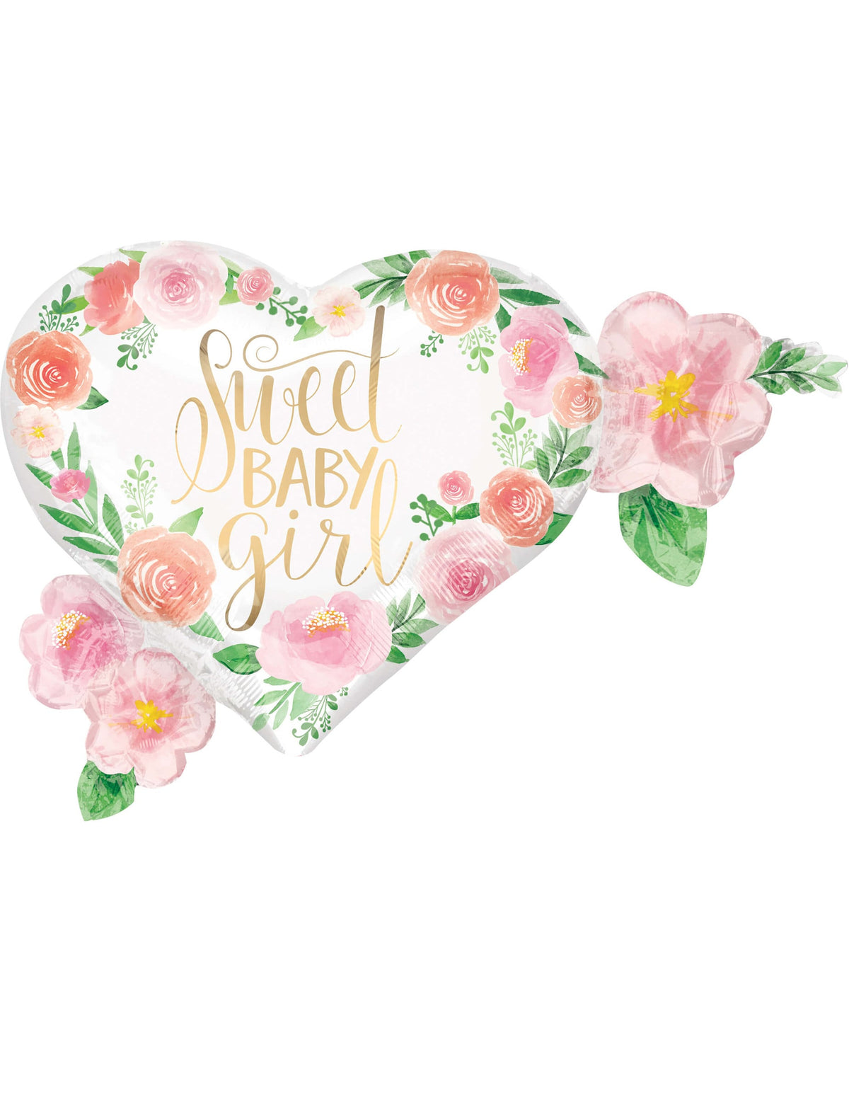 Ballon aluminium Sweet baby girl pour baby shower blanc à fleurs roses et orange