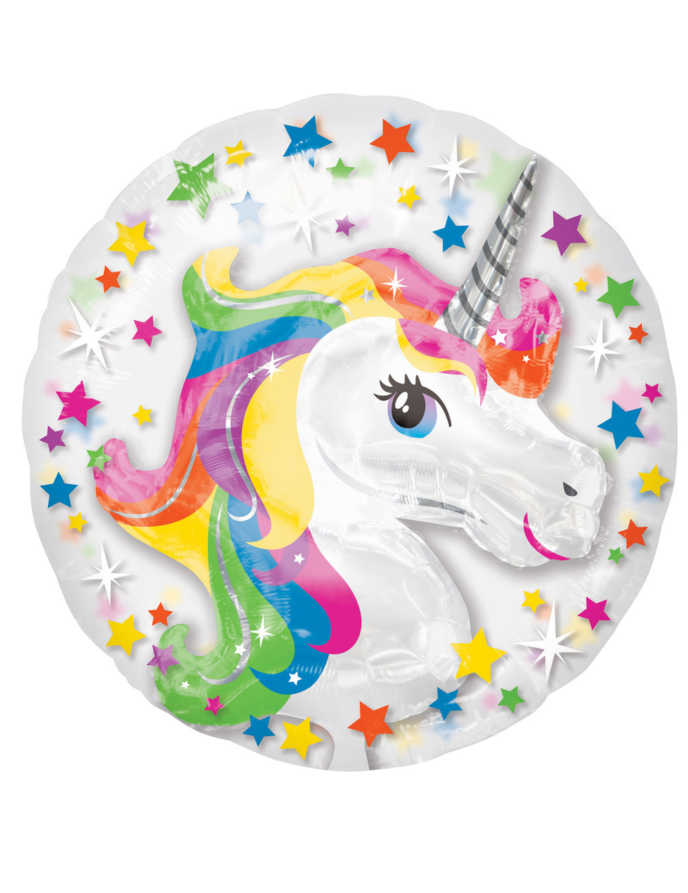 Ballon aluminium licorne rond arc-en-ciel avec étoiles multicolores