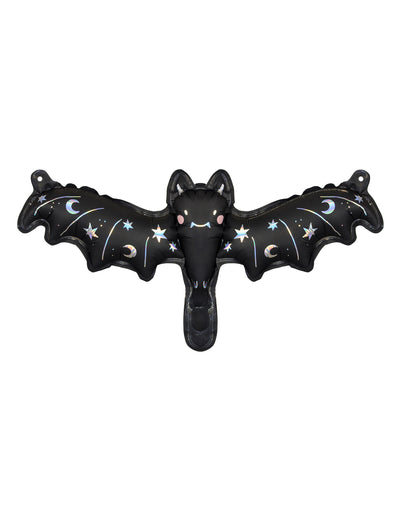 Ballon aluminium petite chauve-souris pour Halloween noir avec motifs lunes et étoiles holographiques