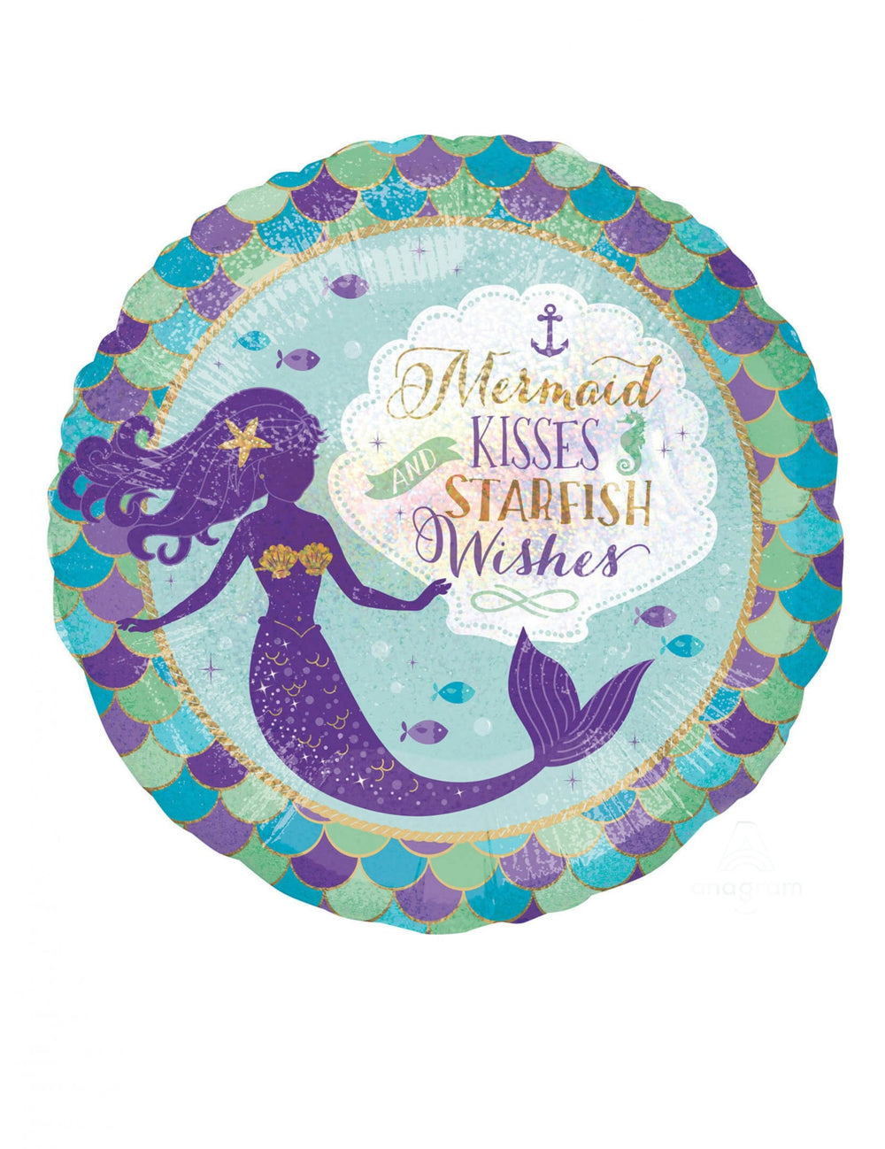 Ballon aluminium rêves de sirène pour anniversaire bleu et violet avec motif écailles et sirène