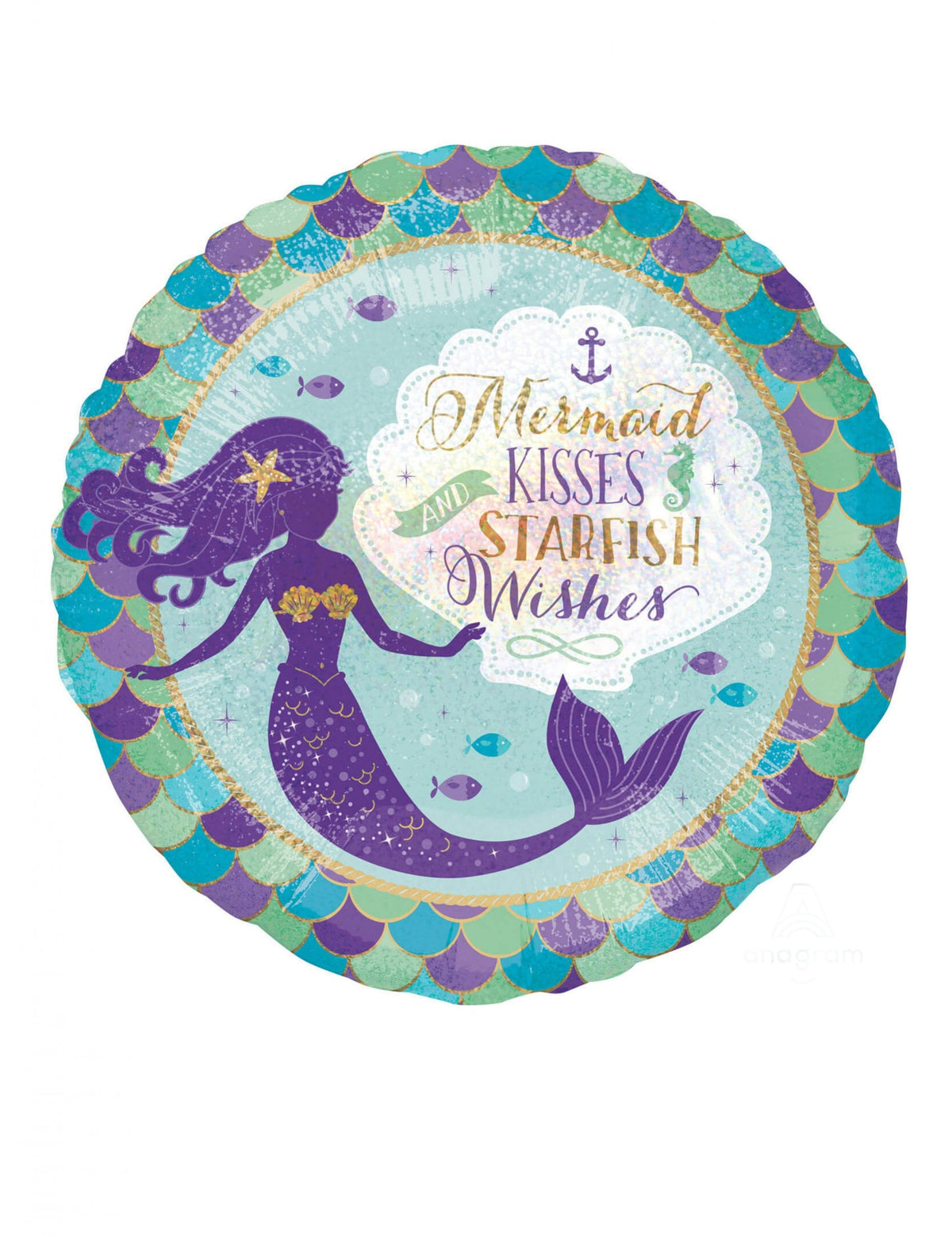 Ballon aluminium rêves de sirène pour anniversaire bleu et violet avec motif écailles et sirène