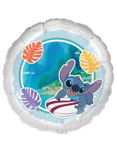 Ballon aluminium Stitch surfeur pour enfant bleu et blanc avec feuilles tropicales